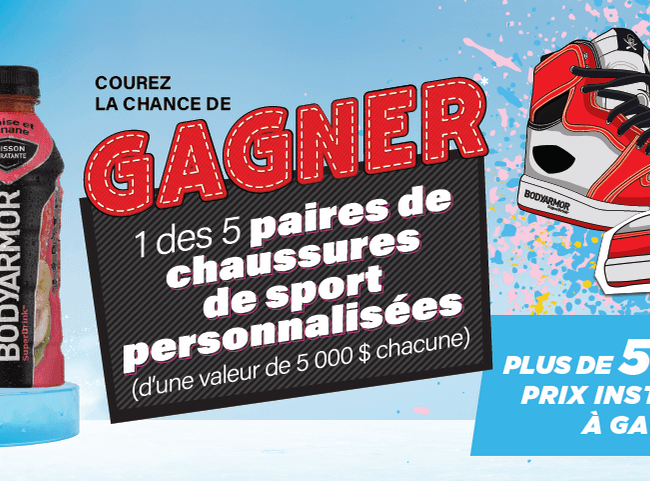 Participez au Concours « Couche-Tard » et tentez de remporter 5 paires de chaussures d&rsquo;une valeur de 5000$ ainsi que 40000 boissons BODYARMOR SuperDrink gratuites !